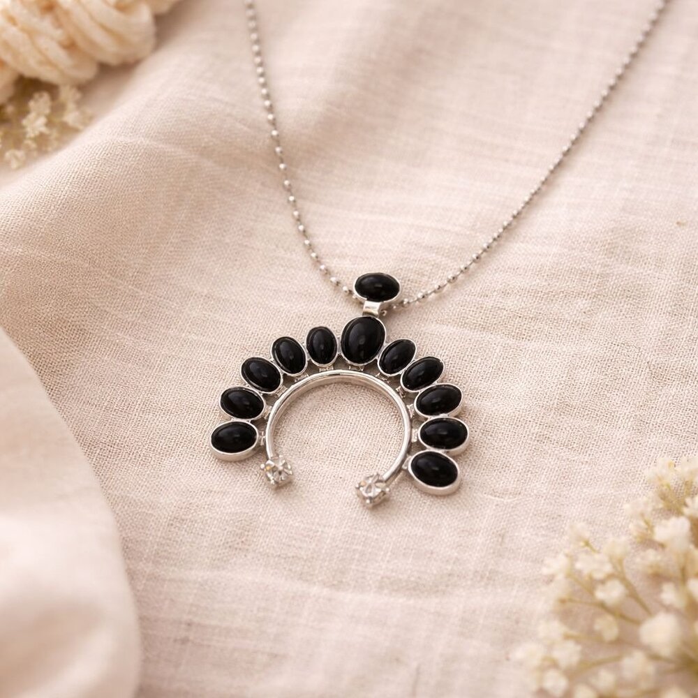 Vintage Black Onyx Crescent‎ Pendant Necklace In Antique Silver Tone
